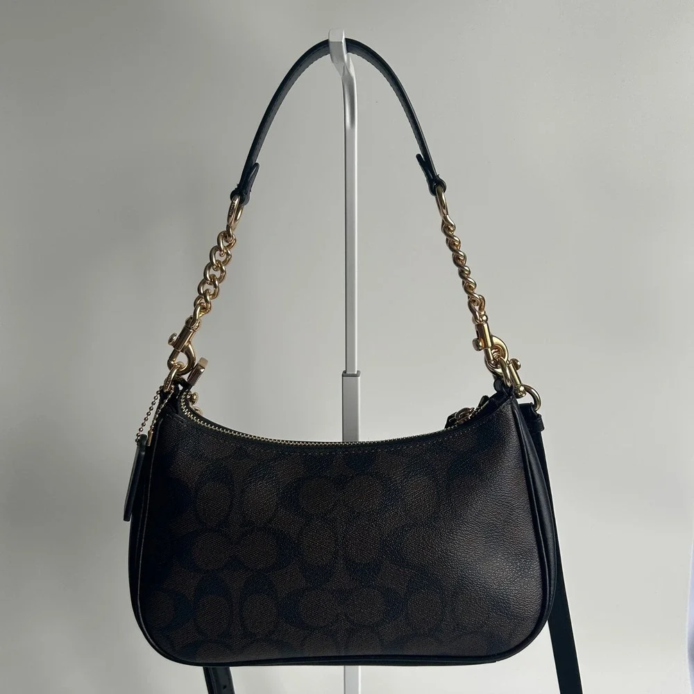 Coach Teri Brown Signature Coated Canvas Leather Shoulder Bag Excellent